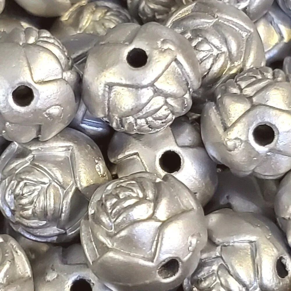 Vintage Retro Silver Satin Rosebud Flower 14mm Round Acrylic Beads 10 pcs